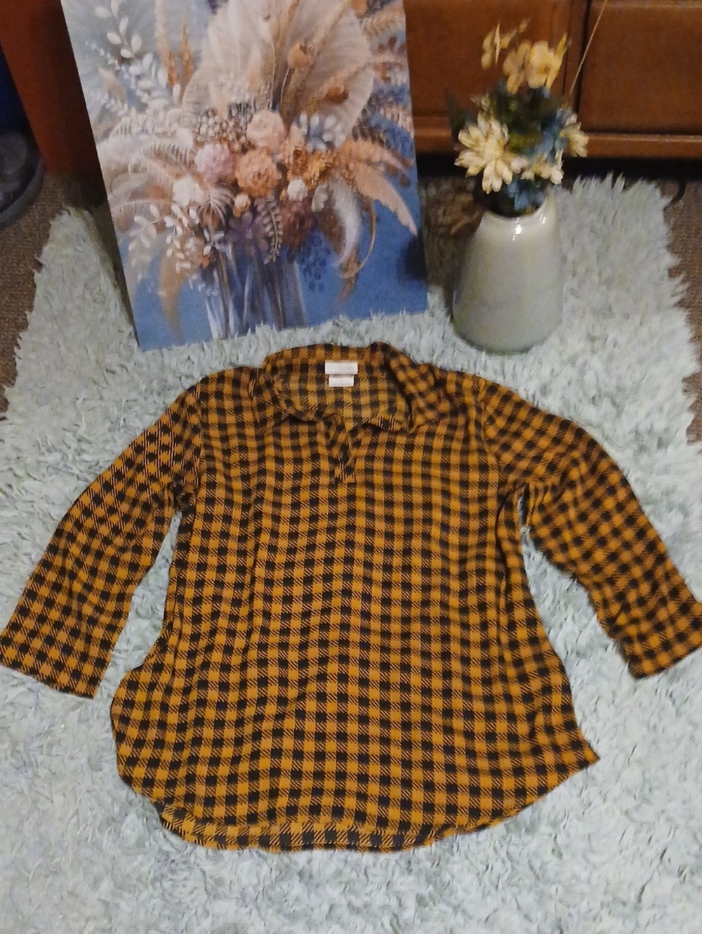 Van Heusen Mustard and Black Plaid Button-Down Shirt